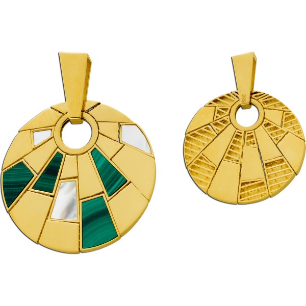 Malachit Anhänger Gold 585 14K weißer Perlmutt grüner Edelstein