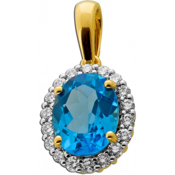 Topas Anhänger Gold 585 14K Swiss Blautopas Natur Brillanten