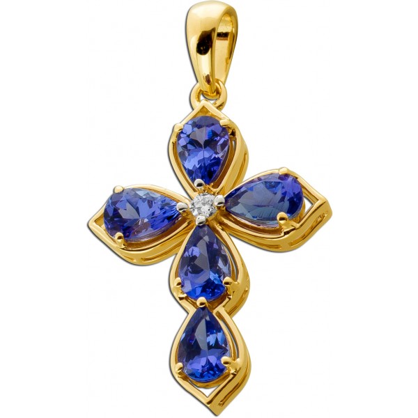 Kreuz Anhänger Gold 375 9K Natur Tansanite 1.8ct Labor Diamant 0.05ct