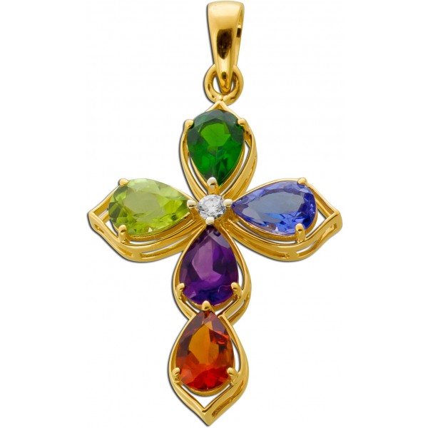 Kreuz Anhänger Gold 585 14K nat Tansanit Amethyst Chromdiopsid Citrin Peridot Lab Grown Diamant