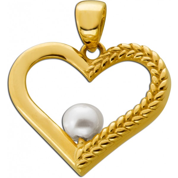 Herz Anhänger Gold 333 8K Süßwasser Perle 3.8mm