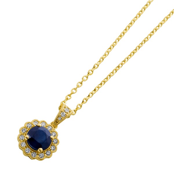 Saphirkette Anhänger Gelbgold 585 14K blauer Edelstein Brillanten