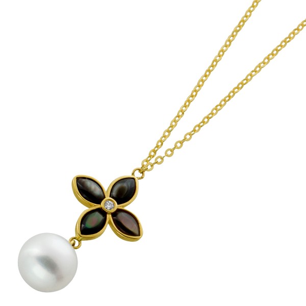 Perlmutt Kette Anhänger Gelbgold 585 14K Brillant Süßwasser Perle