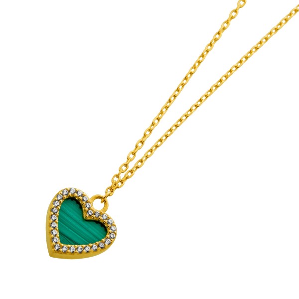 Malachit Herz Kette Gold 333 8K nat. Malachit weiße Zirkonia Steine