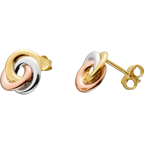 Tricolor Trinity Dreifach Knoten Ohrstecker Gold 585 14K  Endlos