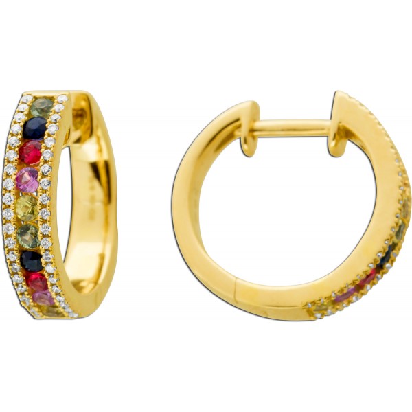 Saphir Creolen Gelbgold 585 14K Brillanten 0.14ct. bunte Edelsteine