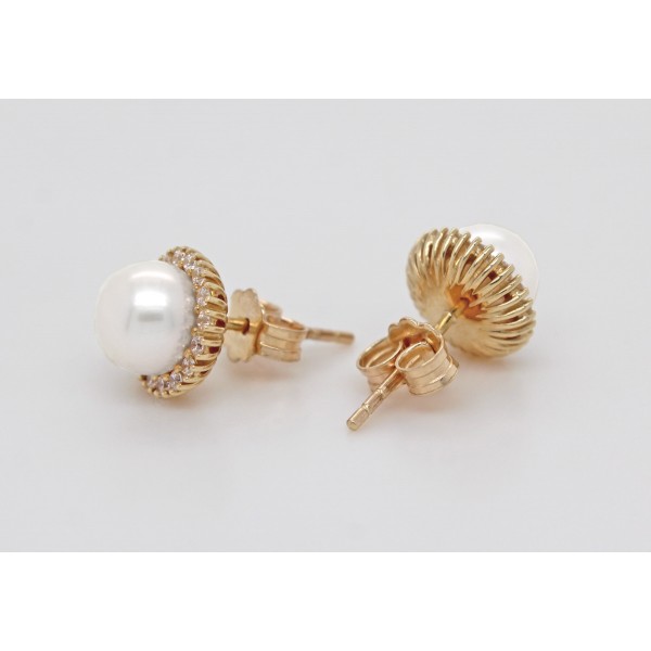 Perlen Ohrstecker Gelbgold 333 8K Süßwasser Perlen 6.8mm Zirkonia