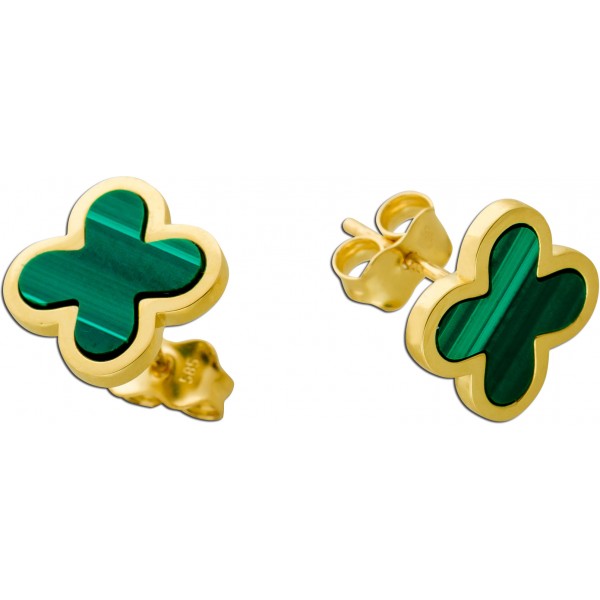Malachit Kleeblatt Ohrstecker Gelbgold 585 14K grüne Edelsteine 