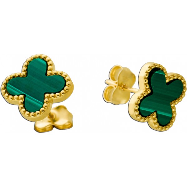 Malachit Kleeblatt Ohrstecker Gelbgold 585 14K grüne Edelsteine 