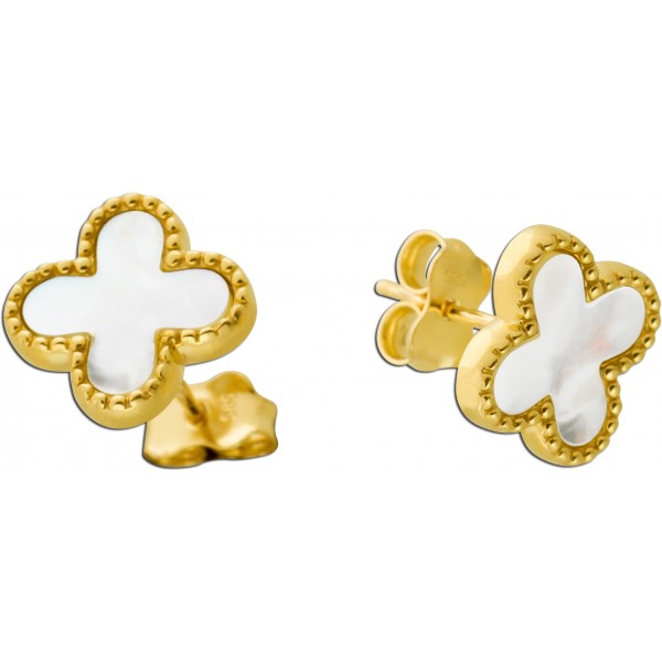 Perlmutt Kleeblatt Ohrstecker Gelbgold 585 14K weißer Edelstein