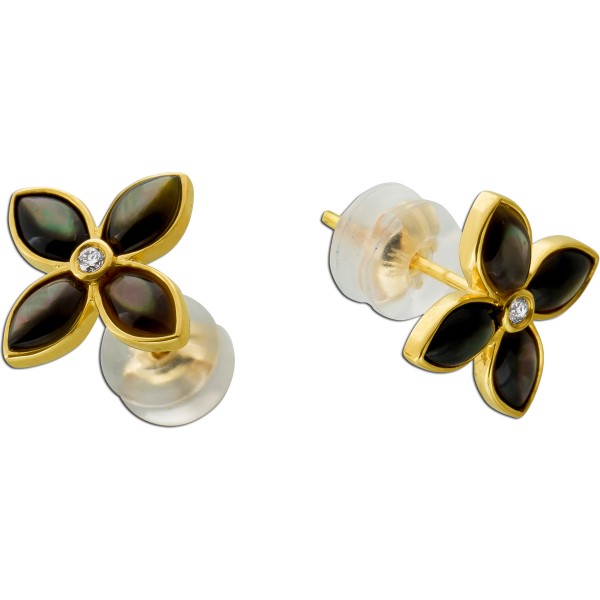 Perlmutt Ohrstecker Gelbgold 585 14K Brillanten 0.03ct grau schwarz