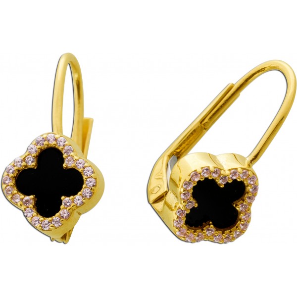 Onyx Kleeblatt Ohrhänger Gelbgold 333 8K schwarze Edelsteine Zirkonia 