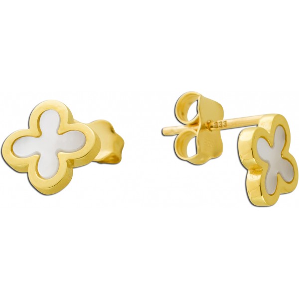 Kleeblatt Ohrstecker Gelbgold 333 8K weißer Natur Perlmutt