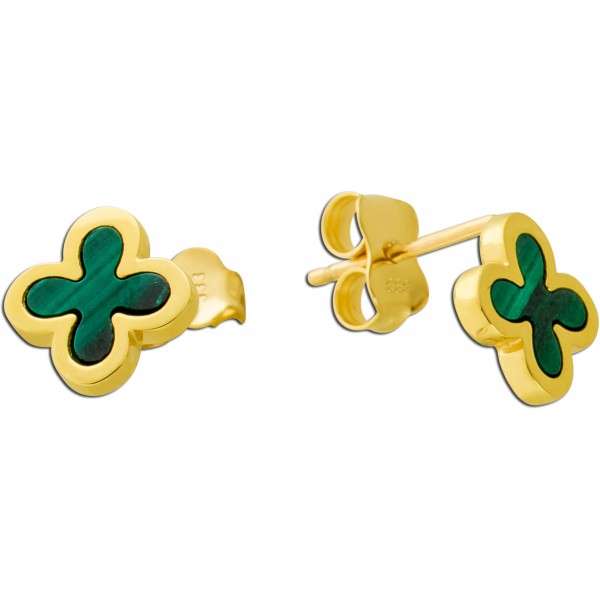 Kleeblatt Ohrstecker Gelbgold 333 8K grüne Natur Malachit Edelsteine 