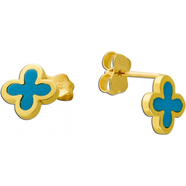 Kleeblatt Ohrstecker Gelbgold 333 8K synthetischer Türkis 