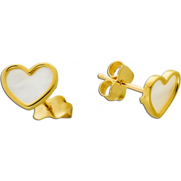 Herz Ohrstecker Gelbgold 333 8K weißer Natur Perlmutt
