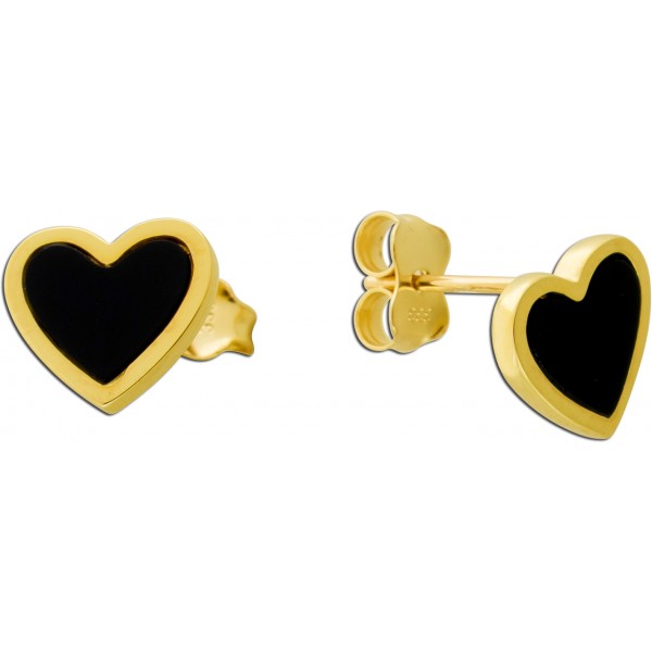 Herz Ohrstecker Gelbgold 333 8K schwarze Natur Onyx Edelsteine 