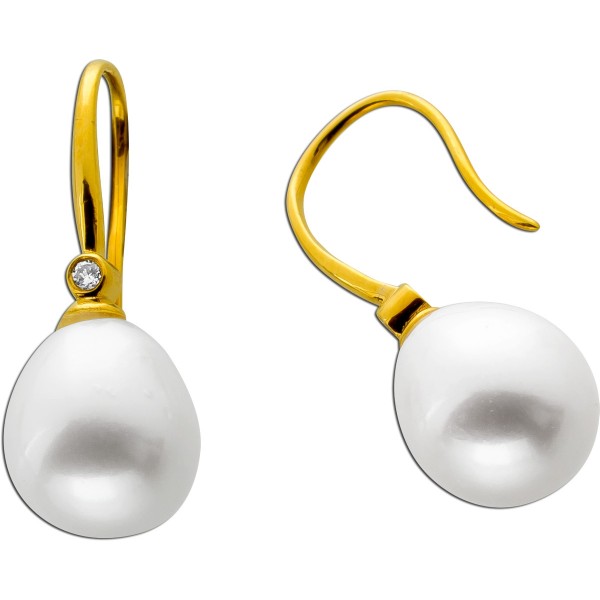 Perlen Ohrringe Gold 585 Natur Diamanten 0.032ct Süßwasserperlen