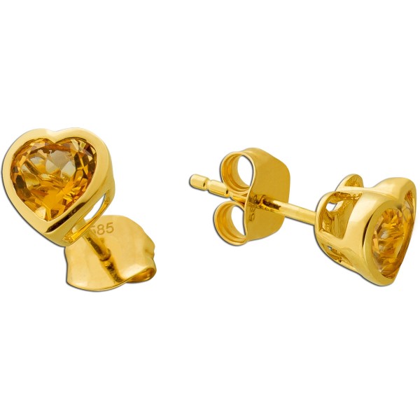 Herz Ohrstecker Gold 585 gelbe natürliche Citrine 