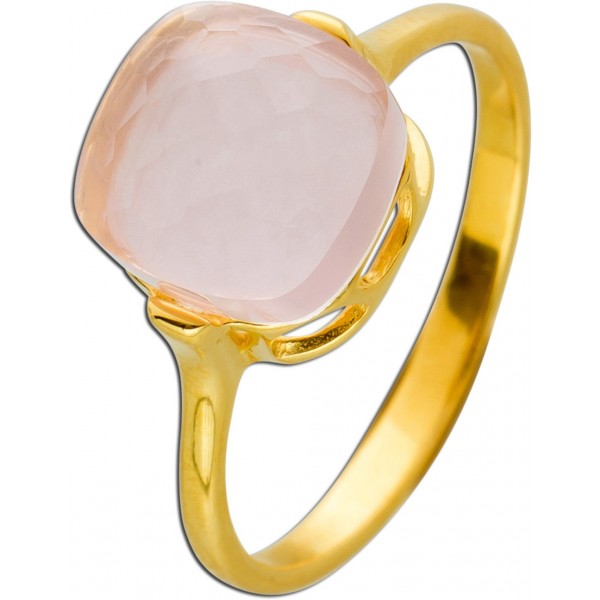 Rosenquarz Ring Gelbgold 375 facettierter rosa Edelstein Damen 17-20mm 
