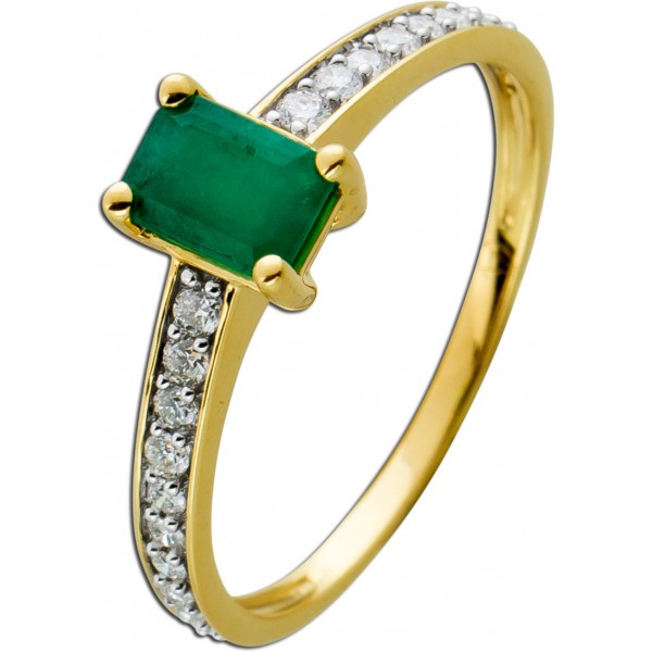 Ring Gelbgold 585 mit einem Smaragd 0,56ct und 22 Diamanten 0,20ct W/SI,17-19mm 