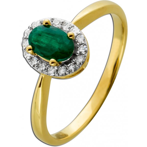 Ring Gelbgold 585 14 Karat 16 Diamanten Brillantschliff  Total 0,10ct W/SI 1 grüner Smaragd Edelstein 0,45ct Damenring