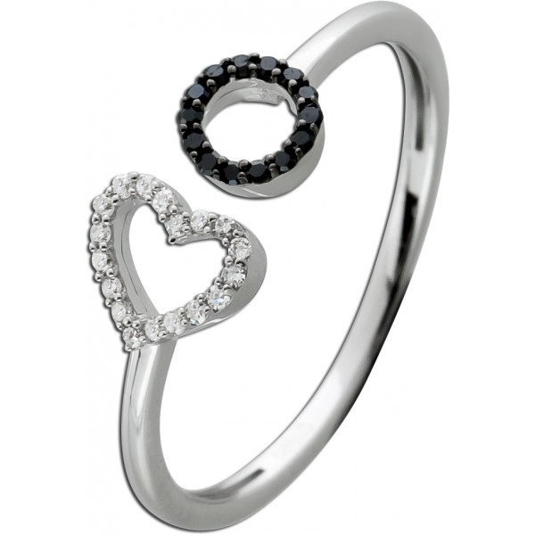 Designer Ring Weissgold 585 14 Karat 14 schwarze 18 weiße Diamanten Total 0,10ct  W/SI Brillantring Herz Kreis