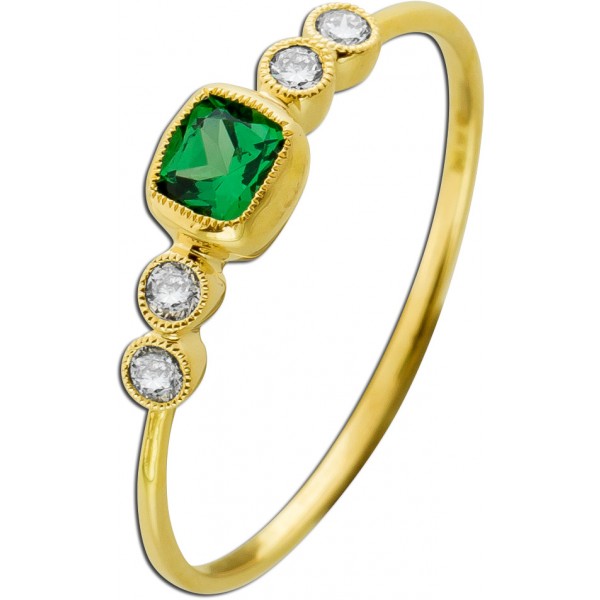 Smaragd Ring Gelbgold 585 14K grüner Edelstein Brillanten 0.10ct 