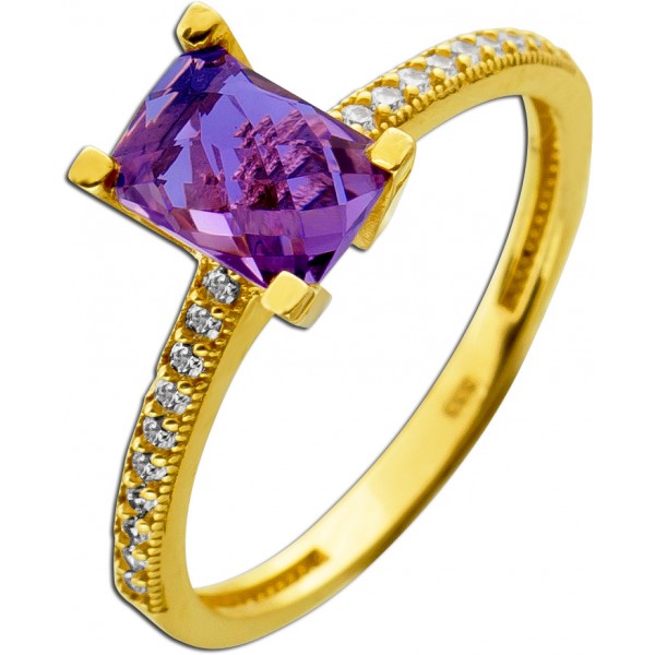 Amethyst Ring Gelbgold 333 8K lila Edelstein weiße Zirkonia Steine