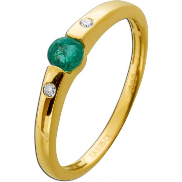 Smaragd Ring Gold 585 14K grüner Edelstein Natur Diamanten 0.03ct