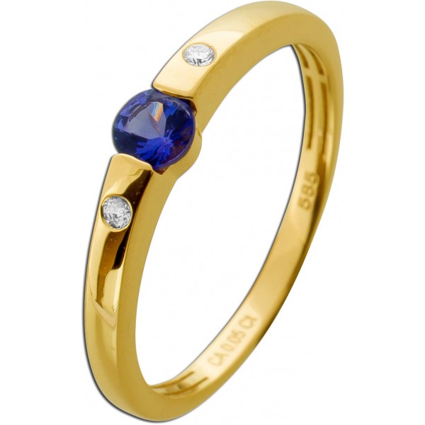 Tansanit Ring Gold 585 14K blauer Edelstein Natur Diamanten 0.03ct