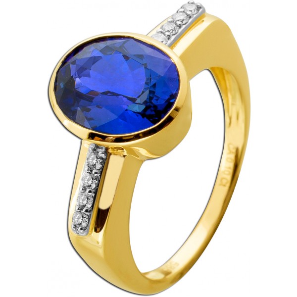 Tansanit Ring Gold 585 14K Diamanten 0.10ct Natur Edelsteine