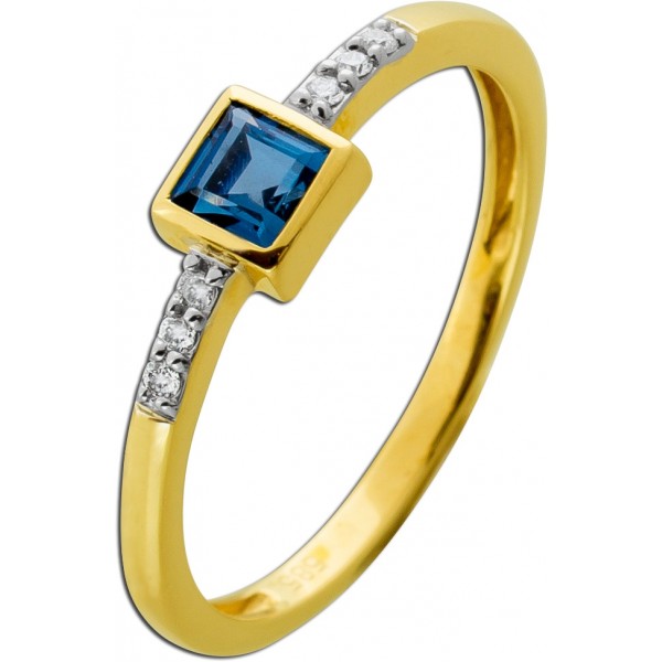 Blautopas Ring Gold 585 14K nat London Bluetopaz Natur Brillanten 