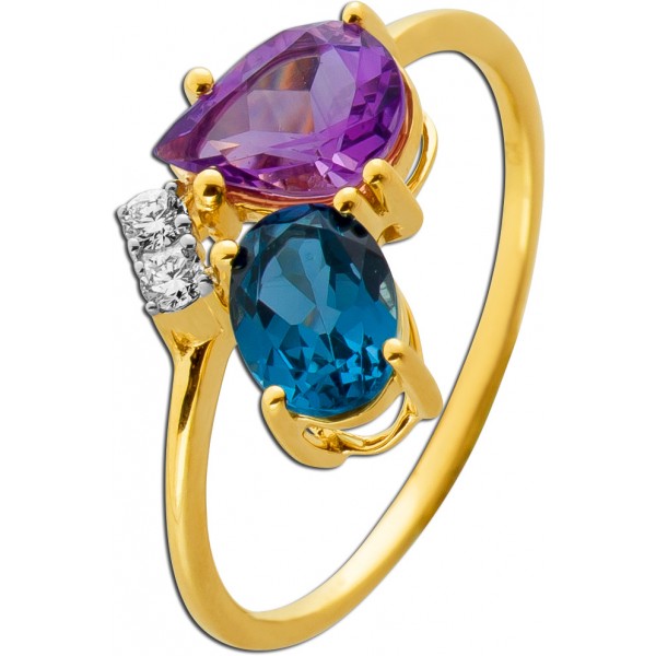 Diamant Ring Gold 585 14K Nat Diamanten Nat Amethyst Nat Blautopas