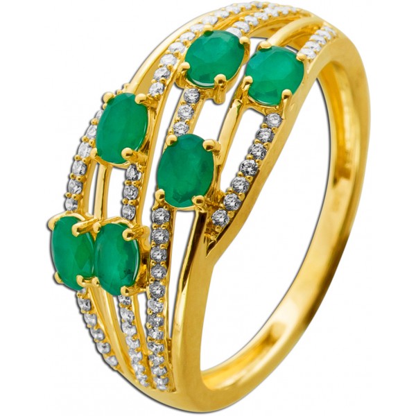 Smaragd Ring Gold 585 14K nat. Smaragde nat. Diamanten 0.25ct.