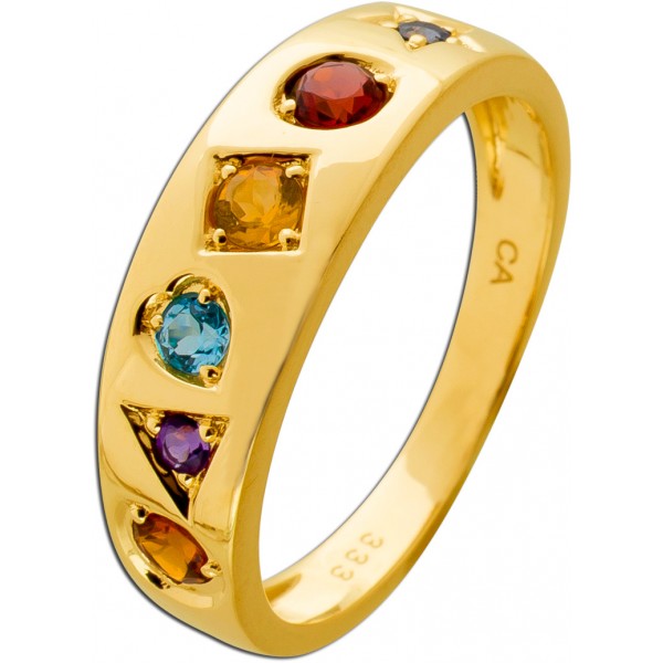 Edelsteinring Gold 333 8K Natur Citrin Iolith Swiss Blautopas Granat Amethyst