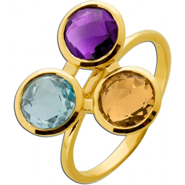 Citrin Ring Gold 585 14K nat afrikanischer Amethyst nat Blautopas