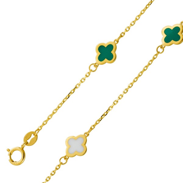 Kleeblatt Armband Gelbgold 585 14K weiße grüne Emaillie