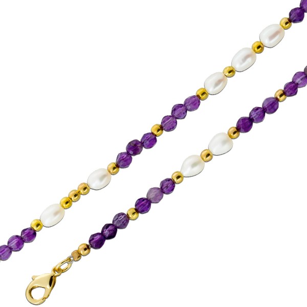 Perlenkette mit Edelsteinen Süßwasser Zuchtperlen lila Amethyste