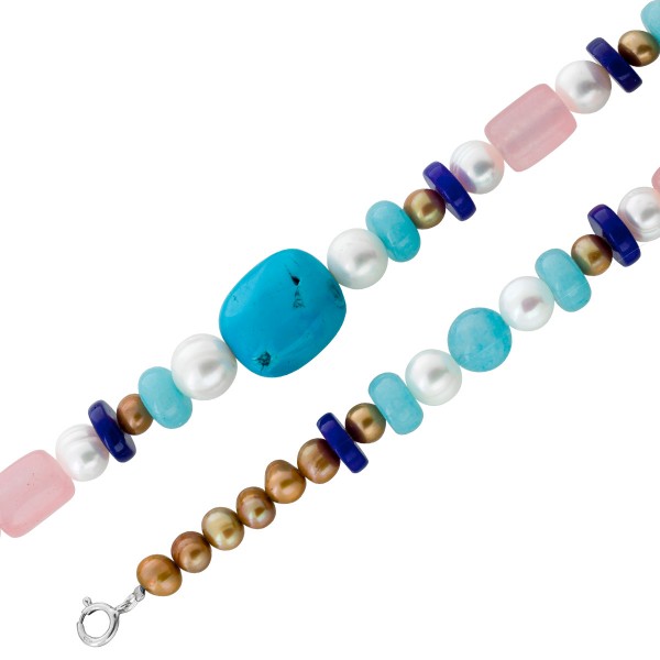 Perlenkette Edelsteinkett Türkis blauer Achat pinker Achat Silber