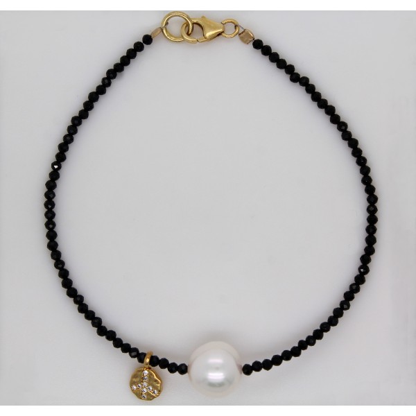 Perlenarmband Süßwasserperle schwarze Spinell Edelsteine Silber vergoldet
