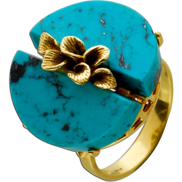 Antiker Ring Gelbgold 585 14 Karat 2 feinste Türkis Edelsteinen feinste Designer Handarbeit Vintage 1960 Mit Görg Zertifikat 