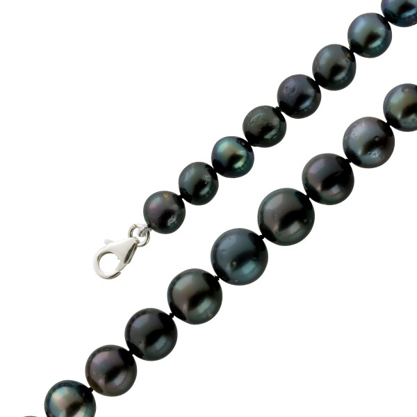 Tahiti Perlenkette Anthrazit changierende fast ganz runde Perlen im Verlauf 8-10,6mm Sterling Silber 925 Karabiner