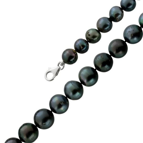 Tahiti Perlenkette anthrazit schwarz changierende fast ganz runde Perlen im Verlauf 8-11mm Sterling Silber 925 Karabiner