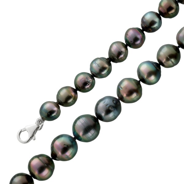 Tahiti Perlenkette grau anthrazit changierende fast ganz runde Perlen im Verlauf 8-10,8mm Sterling Silber 925 Karabiner