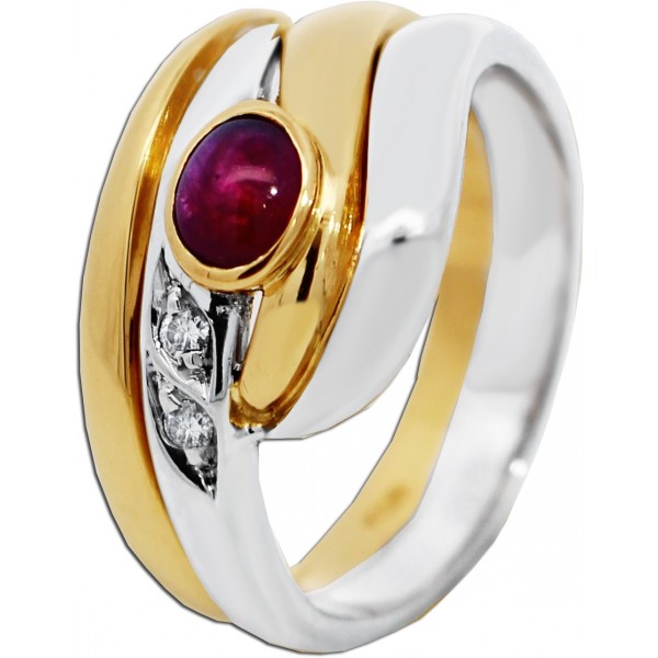 Designer Ring Gelbgold Weißgold 750 roter Rubin Diamanten 0.04ct