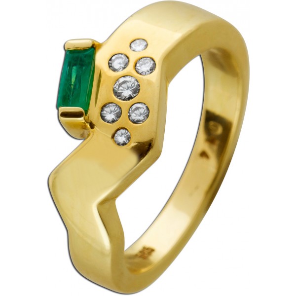 Designerring Gelbgold 585 grüner Smaragd Diamanten 0.14ct. TW VVS