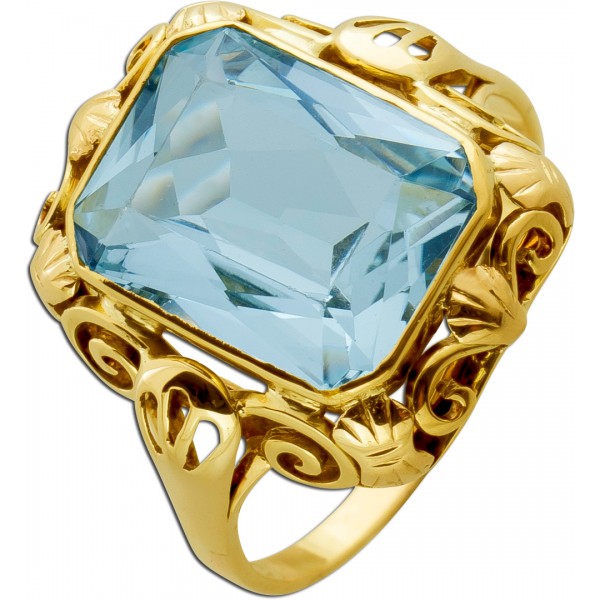 Damenring Gelbgold 585 blauer Aquamarin 6.60ct. Emerald Cut 