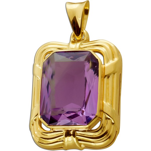 Anhänger Gelbgold 585 violett Amethyst Solitär 13.60ct. Emerald Cut