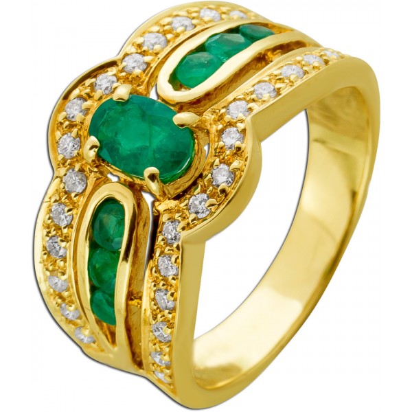 Ring Gelbgold 585 grüne Smaragde 0.60ct. Diamanten 0.30ct.